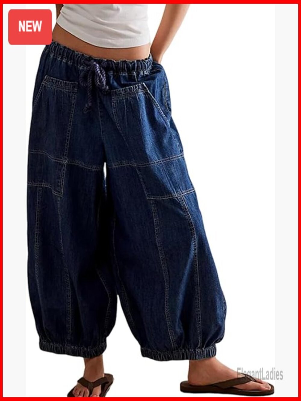 Wide Leg Boyfriend Jeans with Elastic Waist and Drawstring